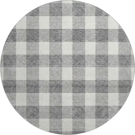 8' Gray And Ivory Plaid Washable Round Rug With UV Protection Photo 1