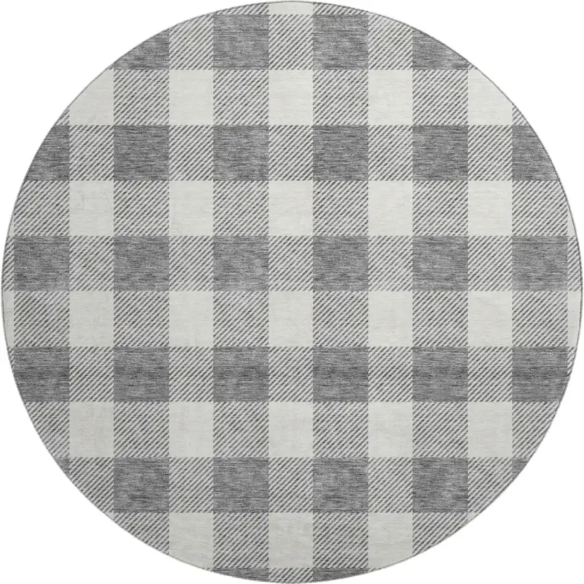 8' Gray And Ivory Plaid Washable Round Rug With UV Protection Photo 1