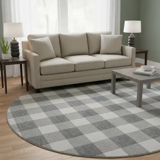 8' Gray And Ivory Plaid Washable Round Rug With UV Protection Photo 2