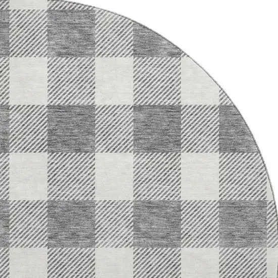 8' Gray And Ivory Plaid Washable Round Rug With UV Protection Photo 3