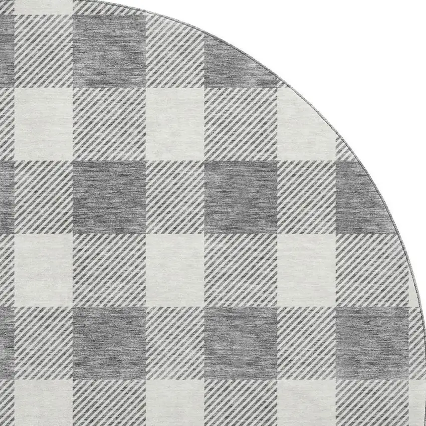 8' Gray And Ivory Plaid Washable Round Rug With UV Protection Photo 3