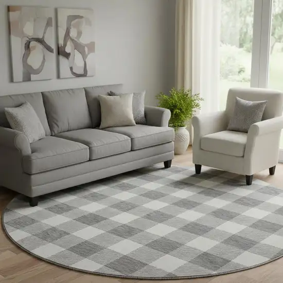 8' Gray And Ivory Plaid Washable Round Rug With UV Protection Photo 1