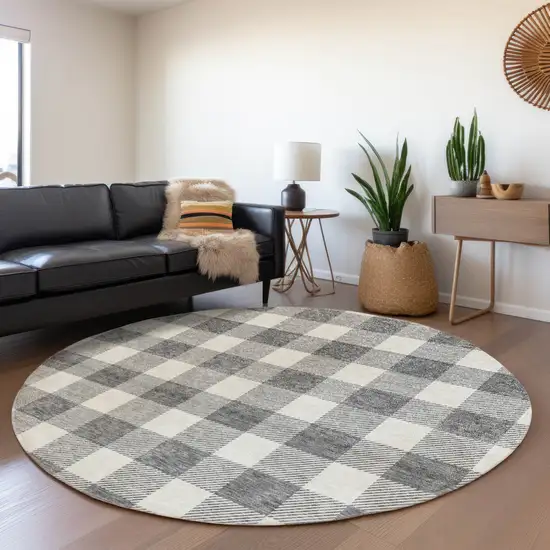 8' Gray And Ivory Plaid Washable Round Rug With UV Protection Photo 4