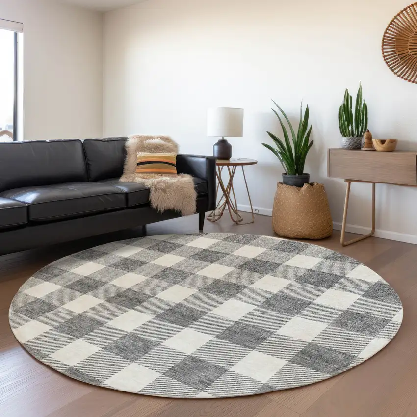 8' Gray And Ivory Plaid Washable Round Rug With UV Protection Photo 4