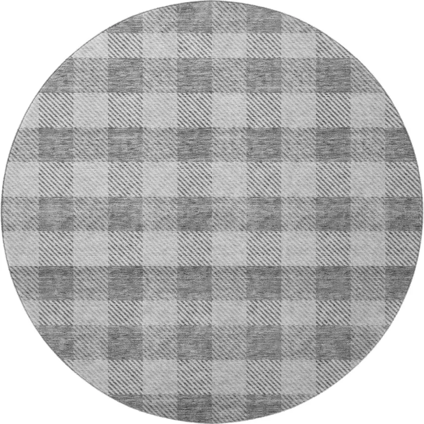 8' Gray And Ivory Plaid Washable Round Rug With UV Protection Photo 3