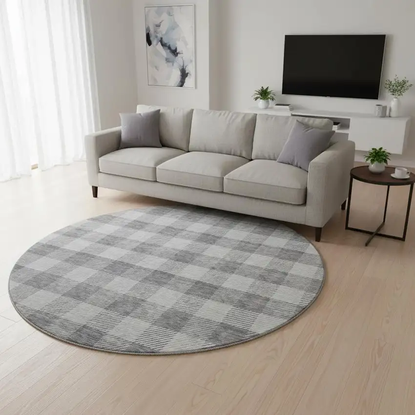 8' Gray And Ivory Plaid Washable Round Rug With UV Protection Photo 2