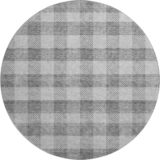 8' Gray And Ivory Plaid Washable Round Rug With UV Protection Photo 1
