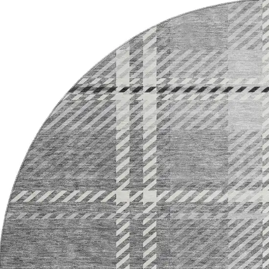 8' Gray And Ivory Plaid Washable Round Rug With UV Protection Photo 3