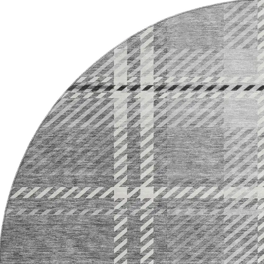 8' Gray And Ivory Plaid Washable Round Rug With UV Protection Photo 3