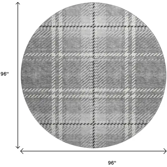 8' Gray And Ivory Plaid Washable Round Rug With UV Protection Photo 9