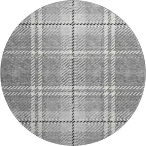 Photo of 8' Gray And Ivory Plaid Washable Round Rug With UV Protection