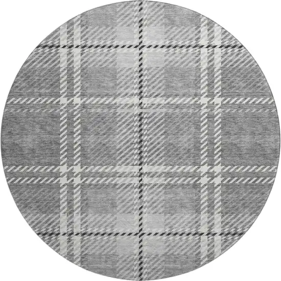 8' Gray And Ivory Plaid Washable Round Rug With UV Protection Photo 1