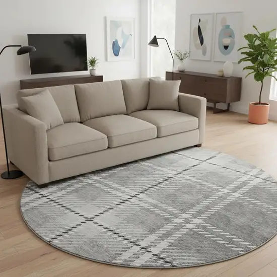 8' Gray And Ivory Plaid Washable Round Rug With UV Protection Photo 2