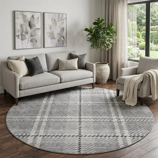 8' Gray And Ivory Plaid Washable Round Rug With UV Protection Photo 1