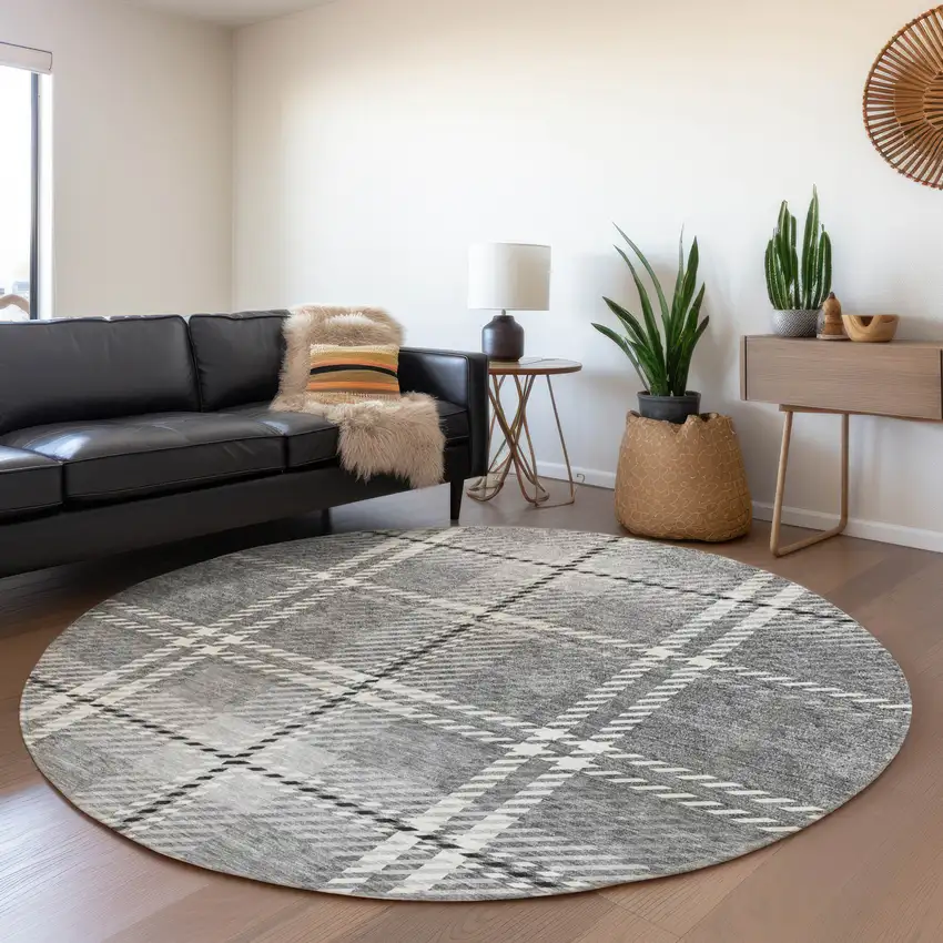 8' Gray And Ivory Plaid Washable Round Rug With UV Protection Photo 4