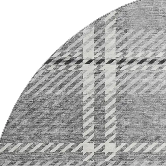 8' Gray And Ivory Plaid Washable Round Rug With UV Protection Photo 2