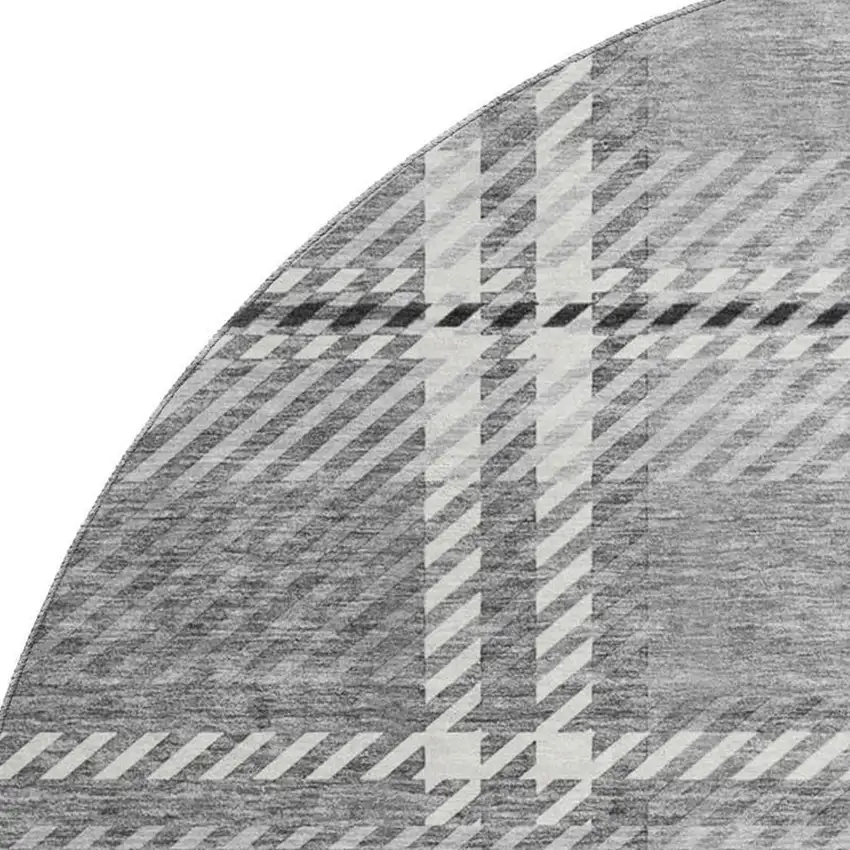 8' Gray And Ivory Plaid Washable Round Rug With UV Protection Photo 2