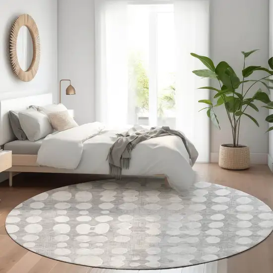 8' Gray And Ivory Polka Dot Washable Round Rug With UV Protection Photo 5