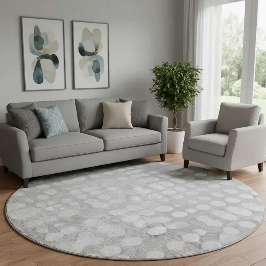 8' Gray And Ivory Polka Dot Washable Round Rug With UV Protection Photo 1