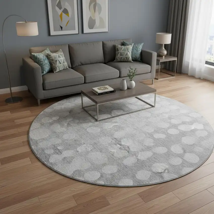 8' Gray And Ivory Polka Dot Washable Round Rug With UV Protection Photo 2