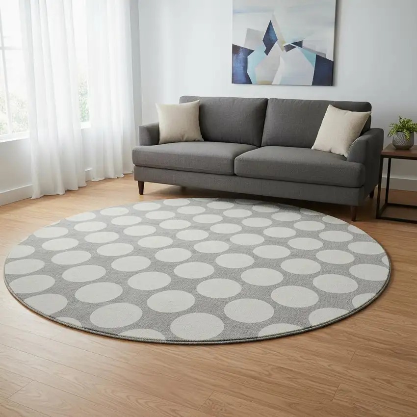 8' Gray And Ivory Polka Dot Washable Round Rug With UV Protection Photo 2