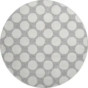 Photo of 8' Gray And Ivory Polka Dot Washable Round Rug With UV Protection