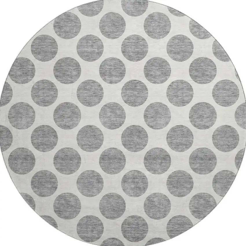 8' Gray And Ivory Polka Dot Washable Round Rug With UV Protection Photo 2