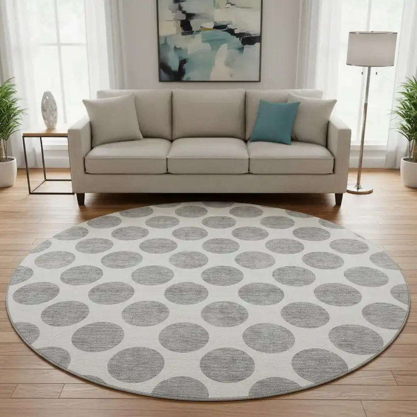 8' Gray And Ivory Polka Dot Washable Round Rug With UV Protection Photo 2