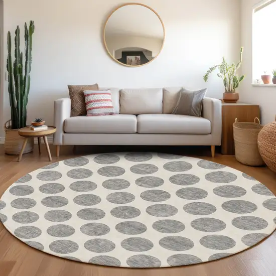 8' Gray And Ivory Polka Dot Washable Round Rug With UV Protection Photo 4