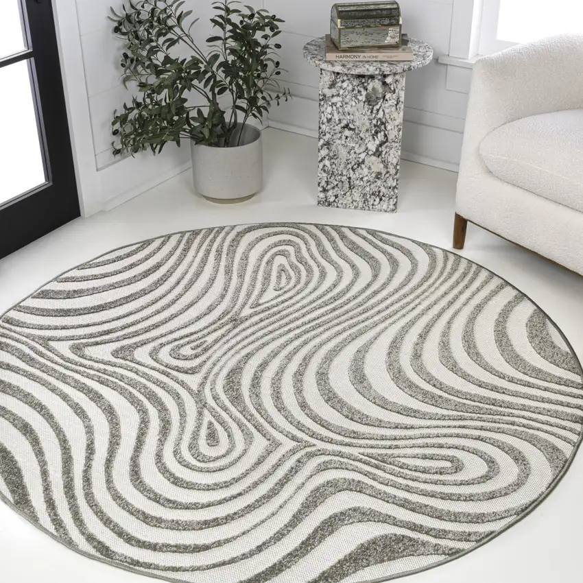 7' Gray And Ivory Round Abstract Indoor Outdoor Area Rug Photo 5