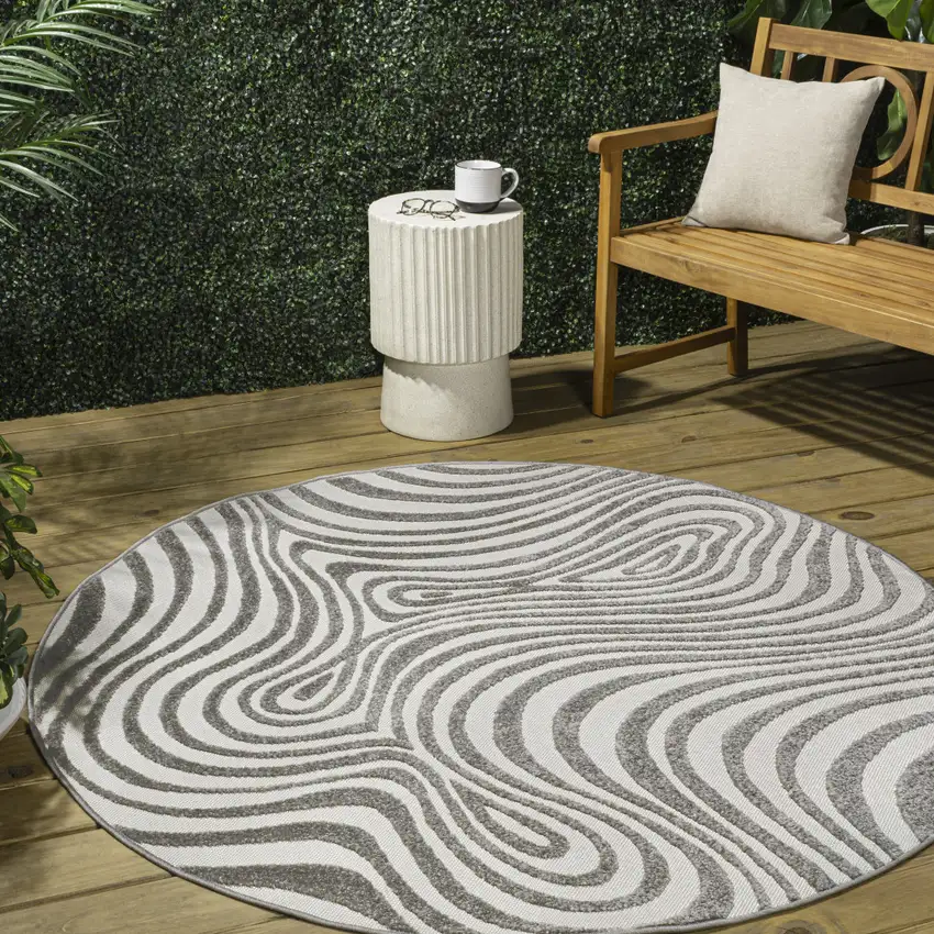 8' Gray And Ivory Round Abstract Indoor Outdoor Area Rug Photo 5