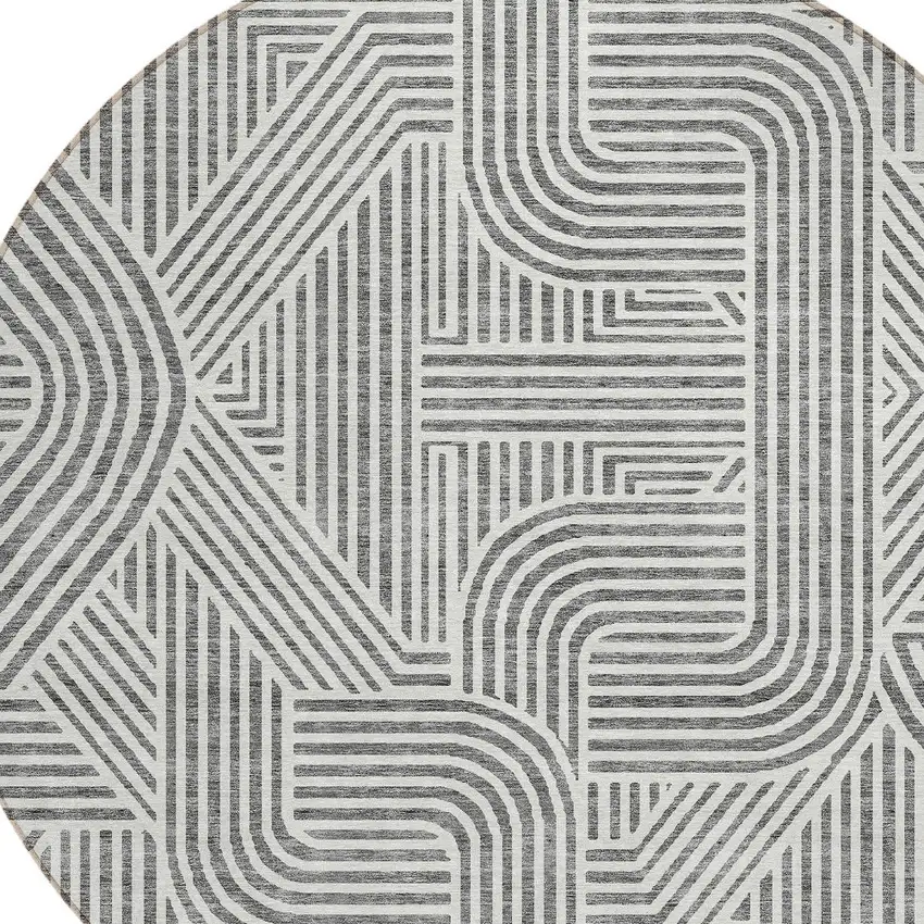 8' Gray And Ivory Round Abstract Washable Indoor Outdoor Area Rug Photo 5