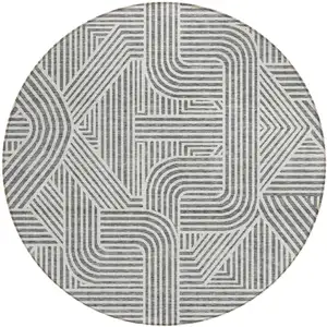 Photo of 8' Gray And Ivory Round Abstract Washable Indoor Outdoor Area Rug