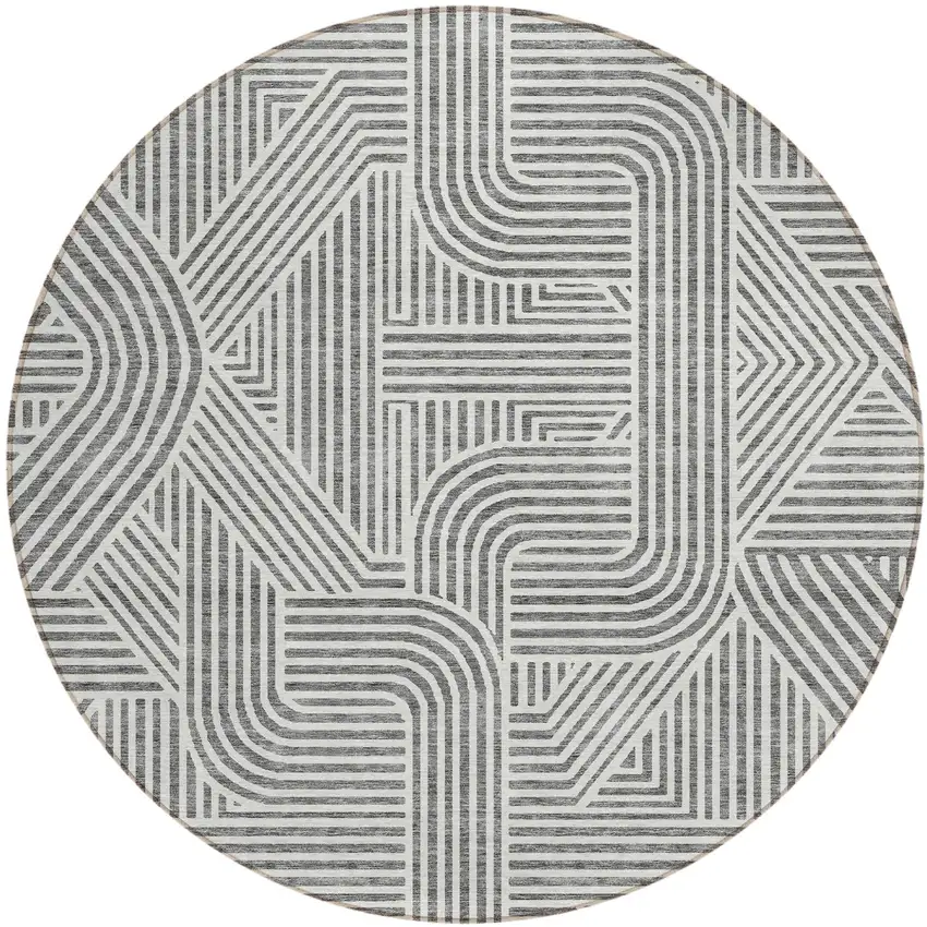 8' Gray And Ivory Round Abstract Washable Indoor Outdoor Area Rug Photo 2