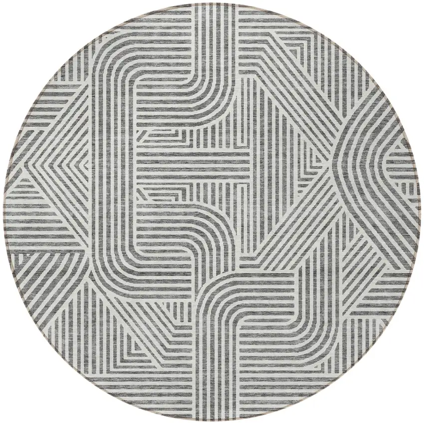 8' Gray And Ivory Round Abstract Washable Indoor Outdoor Area Rug Photo 4