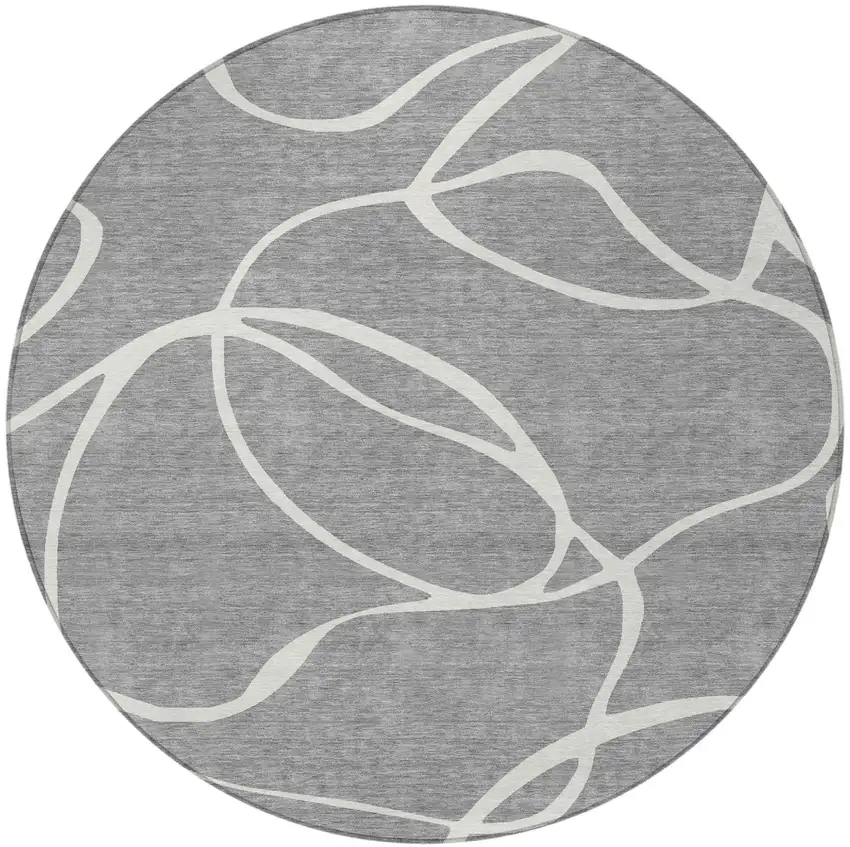 8' Gray And Ivory Round Abstract Washable Indoor Outdoor Area Rug Photo 6