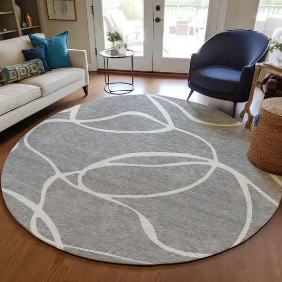 8' Gray And Ivory Round Abstract Washable Indoor Outdoor Area Rug Photo 8
