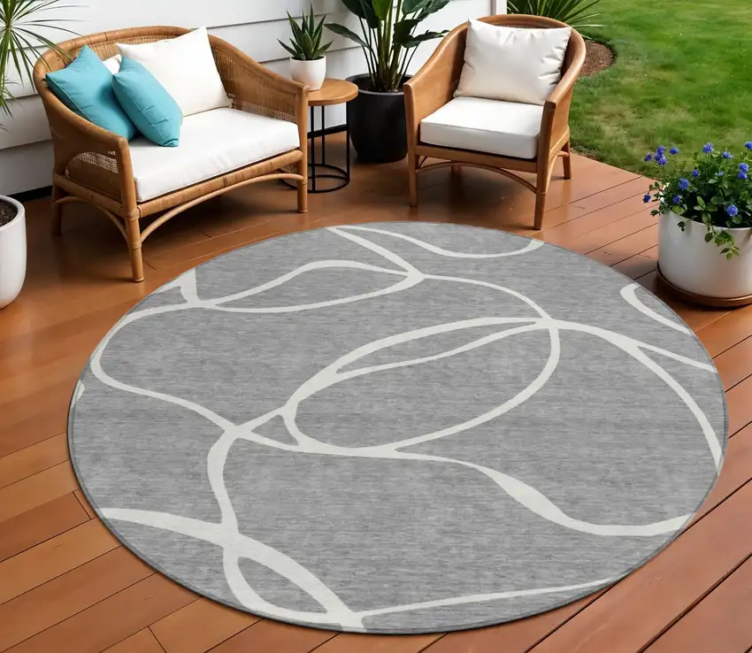 8' Gray And Ivory Round Abstract Washable Indoor Outdoor Area Rug Photo 1