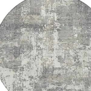 Photo of 8' Gray And Ivory Round Abstract Washable Indoor Outdoor Area Rug