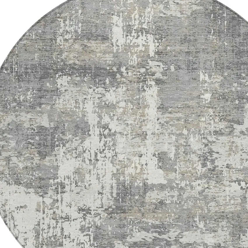 8' Gray And Ivory Round Abstract Washable Indoor Outdoor Area Rug Photo 4