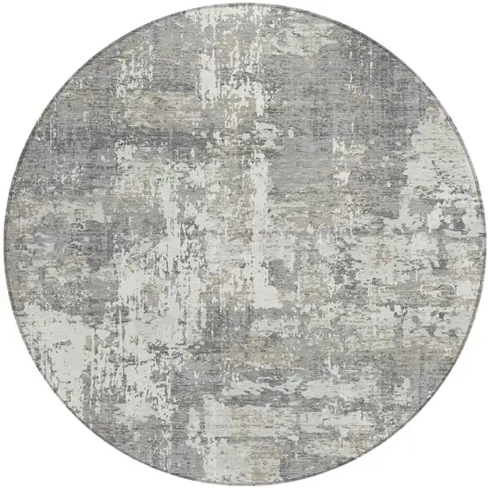 8' Gray And Ivory Round Abstract Washable Indoor Outdoor Area Rug Photo 2