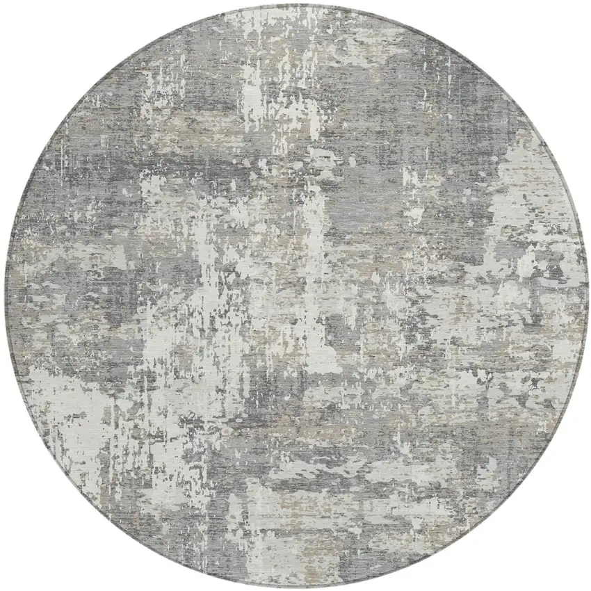 8' Gray And Ivory Round Abstract Washable Indoor Outdoor Area Rug Photo 2