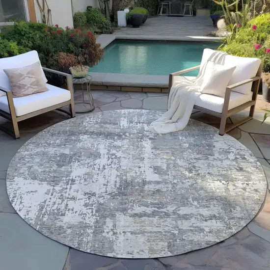 8' Gray And Ivory Round Abstract Washable Indoor Outdoor Area Rug Photo 6