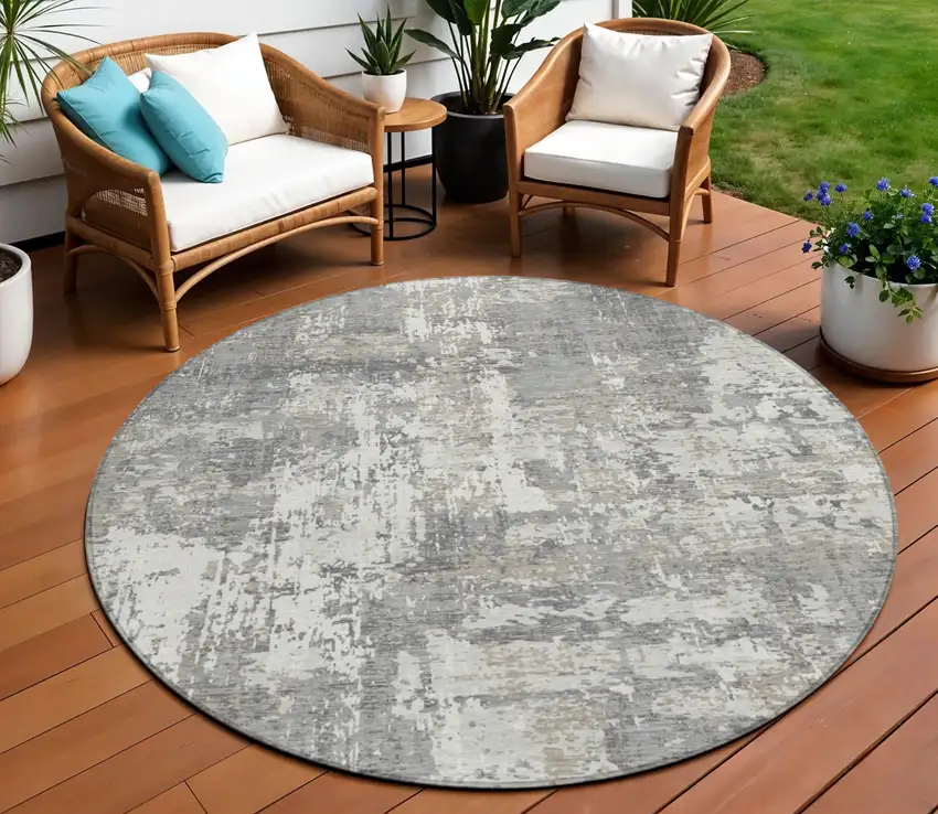 8' Gray And Ivory Round Abstract Washable Indoor Outdoor Area Rug Photo 1
