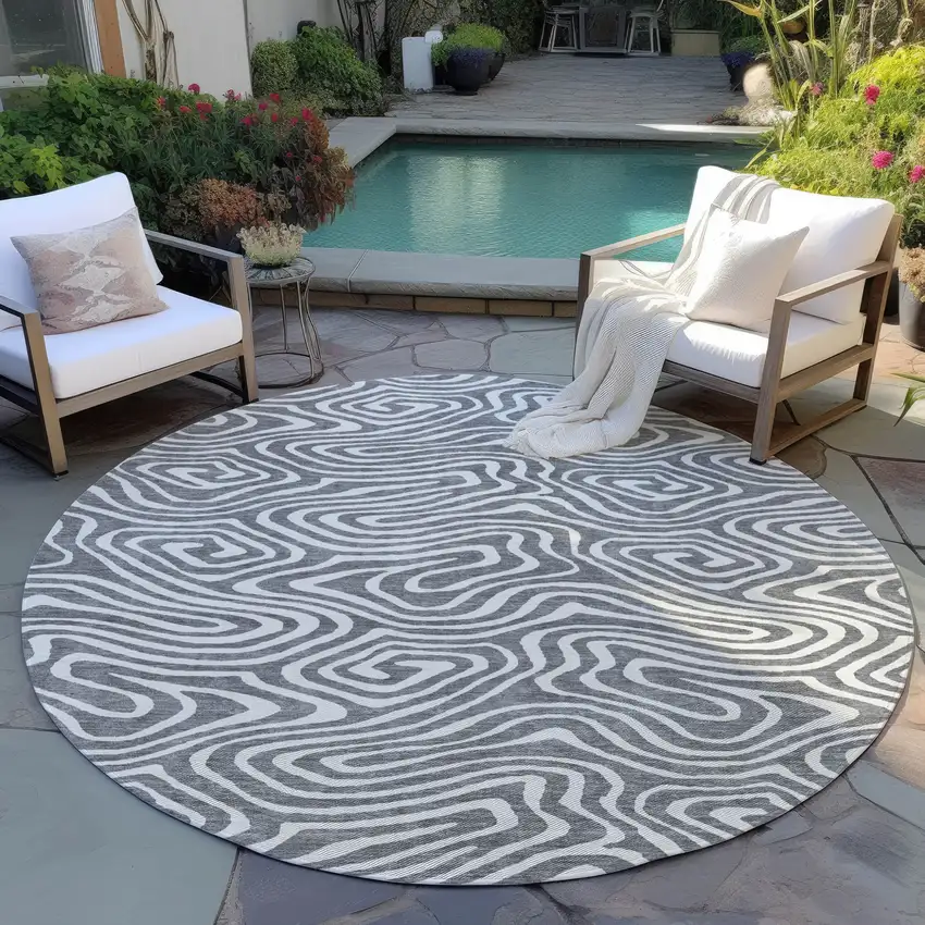 8' Gray And Ivory Round Abstract Washable Indoor Outdoor Area Rug Photo 6