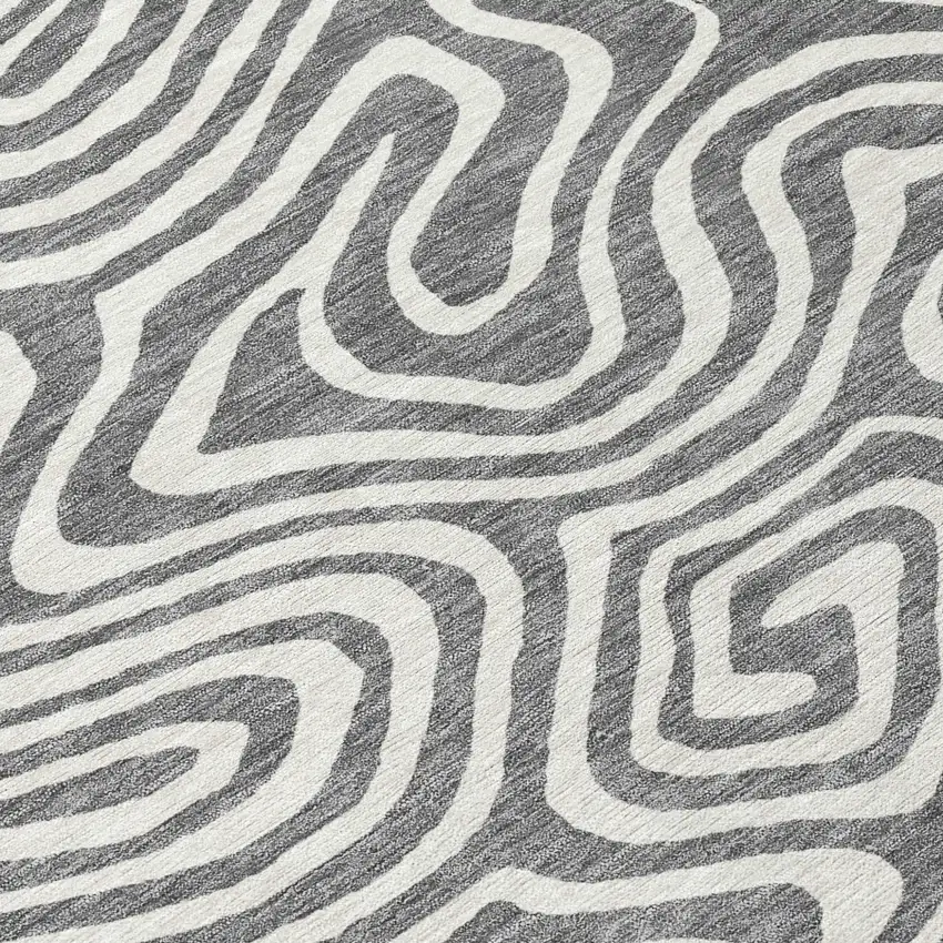 8' Gray And Ivory Round Abstract Washable Indoor Outdoor Area Rug Photo 8