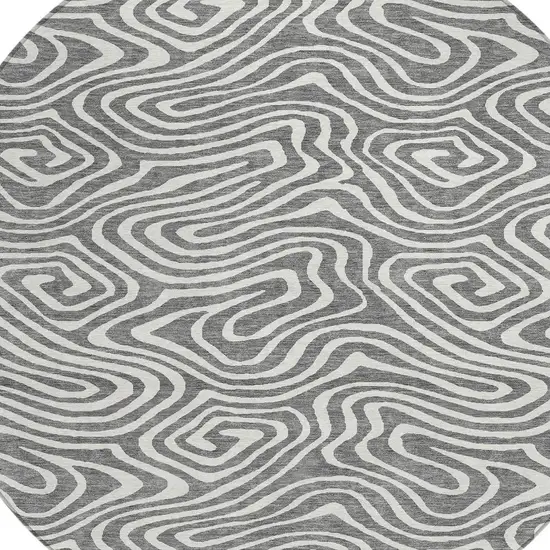 8' Gray And Ivory Round Abstract Washable Indoor Outdoor Area Rug Photo 4