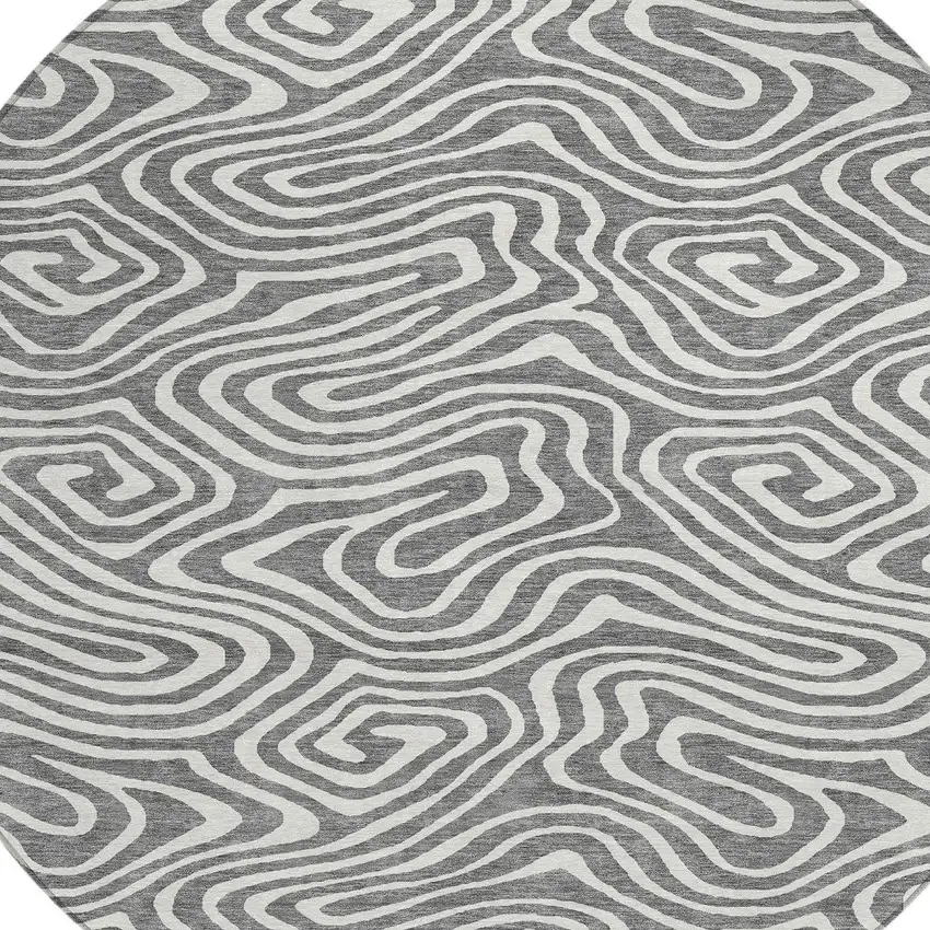 8' Gray And Ivory Round Abstract Washable Indoor Outdoor Area Rug Photo 4