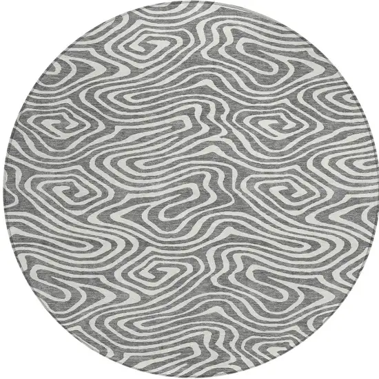 8' Gray And Ivory Round Abstract Washable Indoor Outdoor Area Rug Photo 5