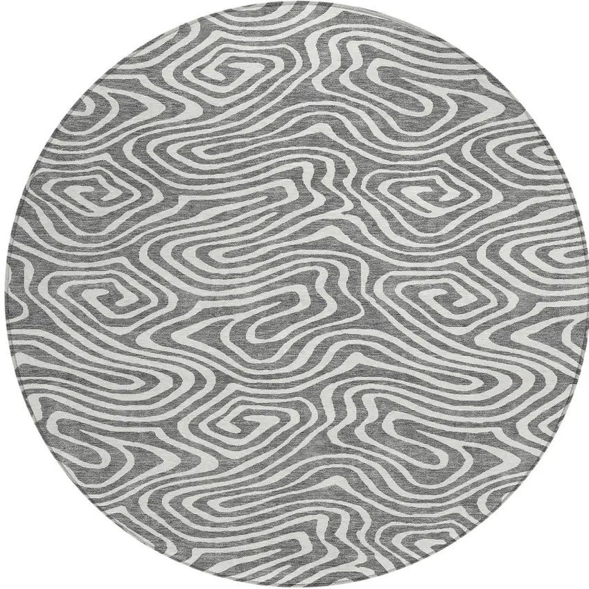 8' Gray And Ivory Round Abstract Washable Indoor Outdoor Area Rug Photo 5